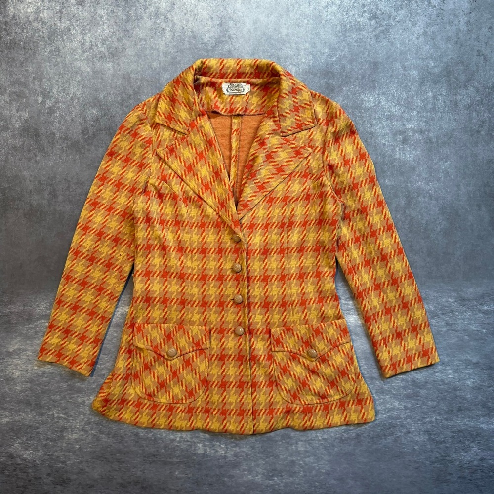 Vintage 70s The Villager Houndstooth Blazer Jacket Orange Yellow Womens Size 14